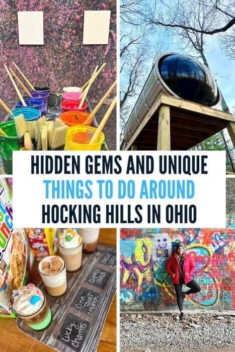 Blog graphic showcasing paintbrushes and playground titled Hidden Gems and Unique Things to Do Around Hocking Hills in Ohio