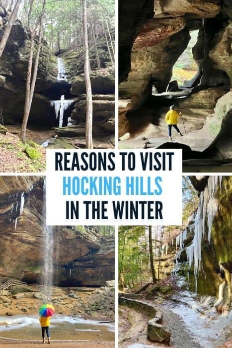 Collage of winter hiking scenes with blog title Reasons to Visit Hocking Hills in the Winter