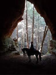 Trail horseback riding through a wooded path in Hocking Hills